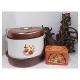 Vintage Kitchen Lot Metal Triple Carrier Pie and Cake Carrier, Recipe Box and Syoroc Fighting Roosters