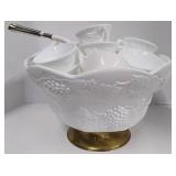 Milkglass Punchbowl and Cups Grapevine and Leaf Pattern with gold tone base and ladle