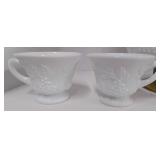 Milkglass Punchbowl and Cups Grapevine and Leaf Pattern with gold tone base and ladle