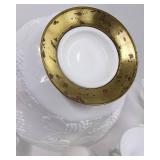 Milkglass Punchbowl and Cups Grapevine and Leaf Pattern with gold tone base and ladle