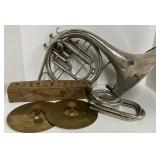 Antique Player Piano Paper Music Roll in Box and Vintage Instruments Brass Cymbols Trombone