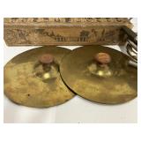 Antique Player Piano Paper Music Roll in Box and Vintage Instruments Brass Cymbols Trombone
