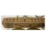 Antique Player Piano Paper Music Roll in Box and Vintage Instruments Brass Cymbols Trombone