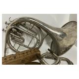 Antique Player Piano Paper Music Roll in Box and Vintage Instruments Brass Cymbols Trombone