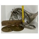 Antique Player Piano Paper Music Roll in Box and Vintage Instruments Brass Cymbols Trombone
