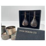Pair of Dansk IHQ Candleholders and 9 Brushed Metal Napkin Rings