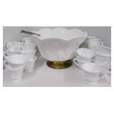 Milkglass Punchbowl and Cups Grapevine and Leaf Pattern with gold tone base and ladle