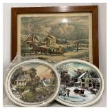 American Farm Scene Picture and Currier and Ives Toleware Trays