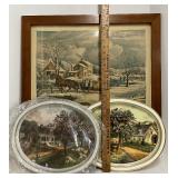 American Farm Scene Picture and Currier and Ives Toleware Trays