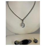 Marcasite and Sterling Pin Necklace and Earrings