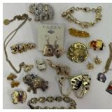 Large Gold Tone Elephant Jewelry Lot