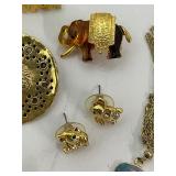 Large Gold Tone Elephant Jewelry Lot