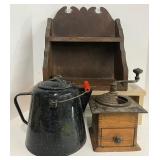 Vintage Wood Shelf Antique Coffee Grinder and Graniteware Coffee Pot