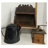 Vintage Wood Shelf Antique Coffee Grinder and Graniteware Coffee Pot