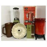 Vintage Avocado Green Appliances and Red Coffee Maker with Box