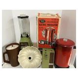Vintage Avocado Green Appliances and Red Coffee Maker with Box