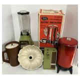 Vintage Avocado Green Appliances and Red Coffee Maker with Box