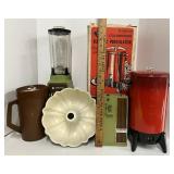 Vintage Avocado Green Appliances and Red Coffee Maker with Box