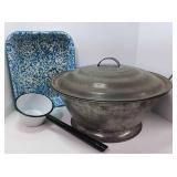 Primitive Tin Dough Bowl with Lid Granite Wear Enamel