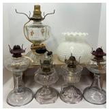 Glass Kerosene Lamp Lot of 5 and Hurrican Hobnail Shade