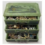 Vintage Bakelite Jewlery Box Asian Inspired Motif with Dragon Handles full of Costume Jewelry