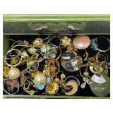 Vintage Bakelite Jewlery Box Asian Inspired Motif with Dragon Handles full of Costume Jewelry