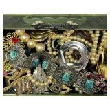 Vintage Bakelite Jewlery Box Asian Inspired Motif with Dragon Handles full of Costume Jewelry