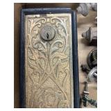 Vintage Brass and Cast Iron Door Plate Antique Drawer Pulls Brass Lot "Green Man" face Victorian and Art Nouveau hardware.