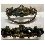 Vintage Brass and Cast Iron Door Plate Antique Drawer Pulls Brass Lot "Green Man" face Victorian and Art Nouveau hardware.