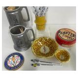 Mr. Peanut Planters Peanuts Pewter Steins, Plastic Vintage Cup Stir Sticks Tin Snack Bowl Set