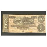 1864 $10 Confederate States of America Civil War Banknote T-68 (Richmond, VA) - Circulated