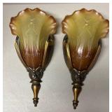 FR - Pair of Vintage Art Deco Amber Glass Wall Sconces by Mid-West
