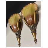 FR - Pair of Vintage Art Deco Amber Glass Wall Sconces by Mid-West