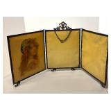 FR - Antique Art Nouveau Maiden Portrait Celluloid Tri-Fold Vanity Mirror