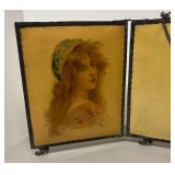 FR - Antique Art Nouveau Maiden Portrait Celluloid Tri-Fold Vanity Mirror