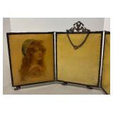 FR - Antique Art Nouveau Maiden Portrait Celluloid Tri-Fold Vanity Mirror