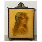 FR - Antique Art Nouveau Maiden Portrait Celluloid Tri-Fold Vanity Mirror