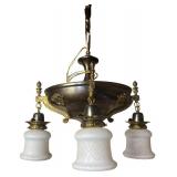RR - Vintage Brass Chandelier Light Fixture with Ornate Filigree and Frosted Glass Shades
