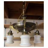 RR - Vintage Brass Chandelier Light Fixture with Ornate Filigree and Frosted Glass Shades