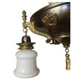 RR - Vintage Brass Chandelier Light Fixture with Ornate Filigree and Frosted Glass Shades