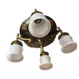 RR - Vintage Brass Chandelier Light Fixture with Ornate Filigree and Frosted Glass Shades