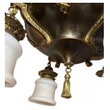 RR - Vintage Brass Chandelier Light Fixture with Ornate Filigree and Frosted Glass Shades