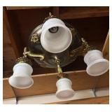 RR - Vintage Brass Chandelier Light Fixture with Ornate Filigree and Frosted Glass Shades