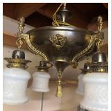RR - Vintage Brass Chandelier Light Fixture with Ornate Filigree and Frosted Glass Shades