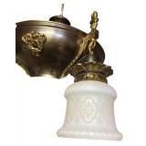 RR - Vintage Brass Chandelier Light Fixture with Ornate Filigree and Frosted Glass Shades