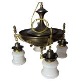 RR - Vintage Brass Chandelier Light Fixture with Ornate Filigree and Frosted Glass Shades