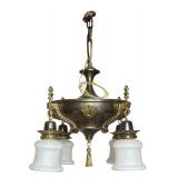 RR - Vintage Brass Chandelier Light Fixture with Ornate Filigree and Frosted Glass Shades