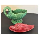 BR - Red Wing Leaf Dish & Haeger Green Shell Bowl - Vintage Pottery Pair