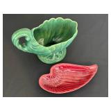 BR - Red Wing Leaf Dish & Haeger Green Shell Bowl - Vintage Pottery Pair