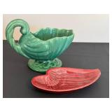BR - Red Wing Leaf Dish & Haeger Green Shell Bowl - Vintage Pottery Pair